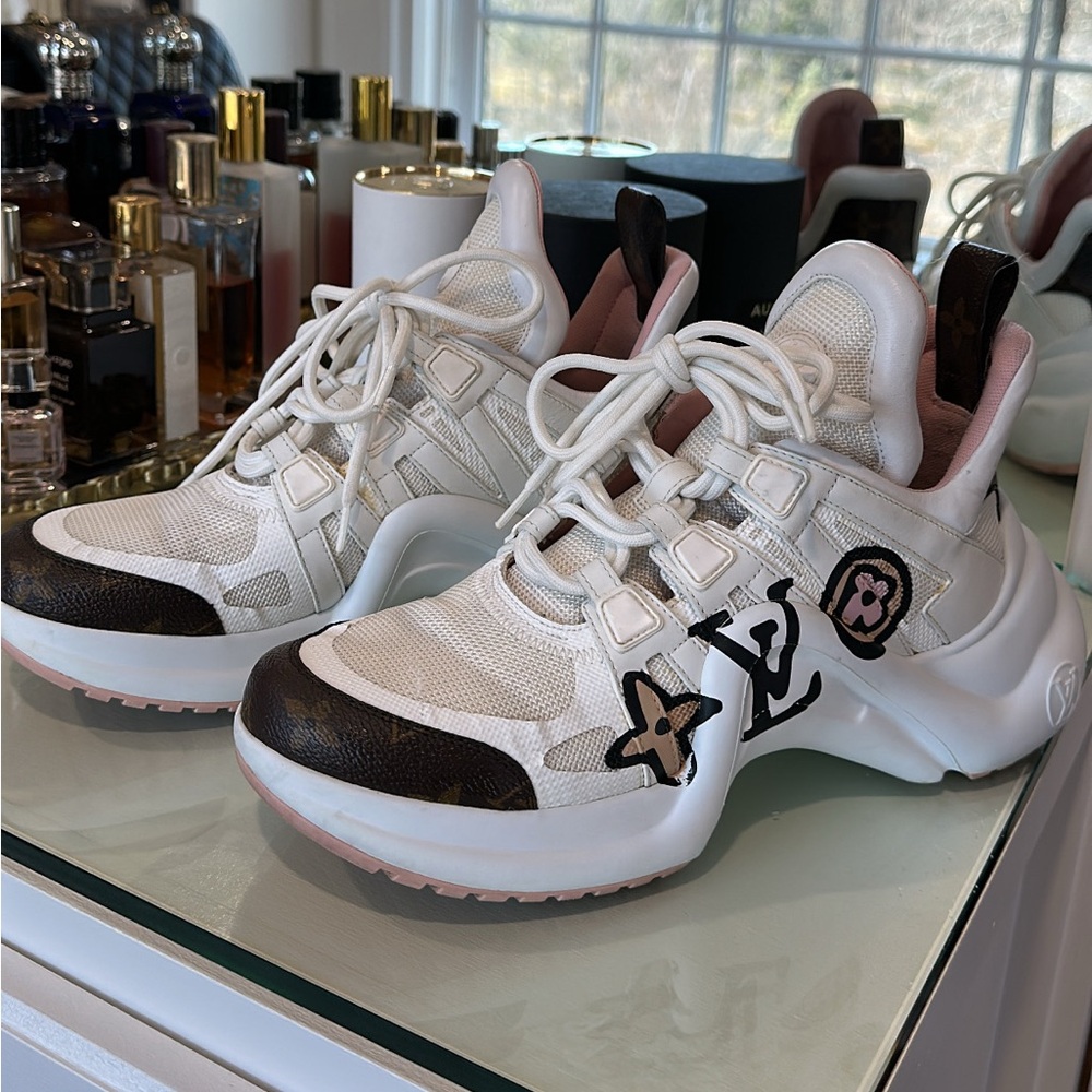 Louis Vuitton White and Brown Chunky Sneakers